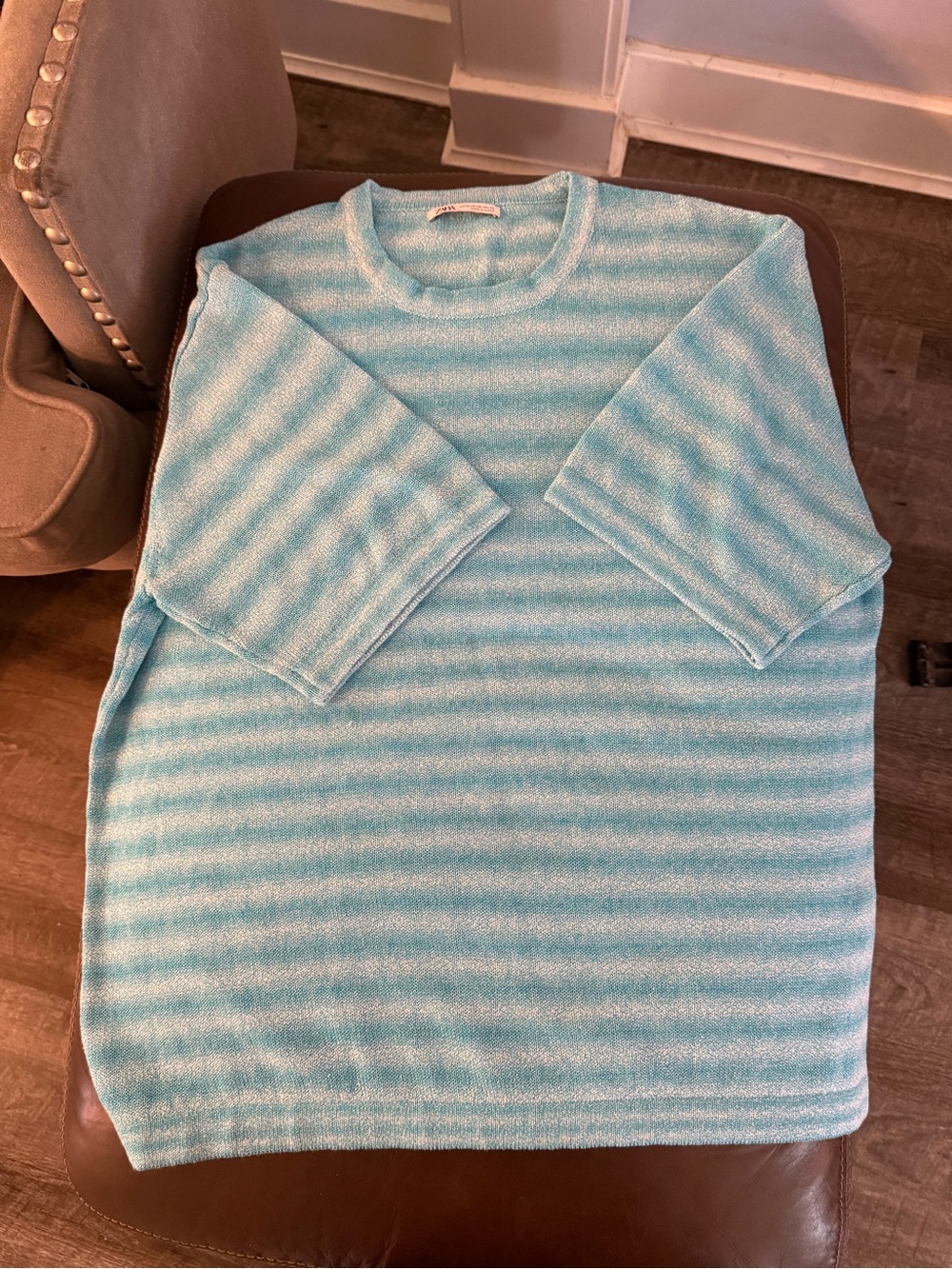 Zara Aqua and White Striped Short-Sleeve Knit Top